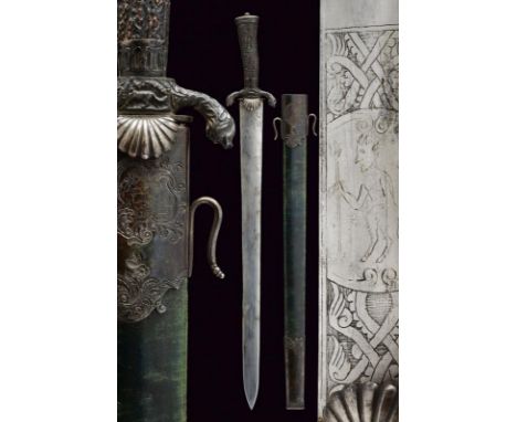 dating: about 1780 provenance: France, Large, double-edged blade of lenticular section, engraved at the first part with an ef