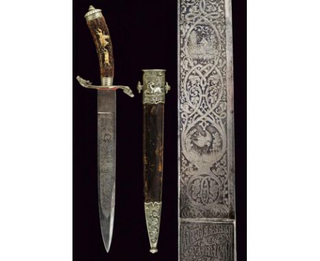 dating: 1888 provenance: Toledo, Straight, single-and-false-edged blade, with beautiful hunting engravings among floral motif