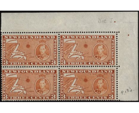 Newfoundland. 1937 Coronation 3ct collection with some notable blocks in the different Dies/perfs including Die 1 comb perf u
