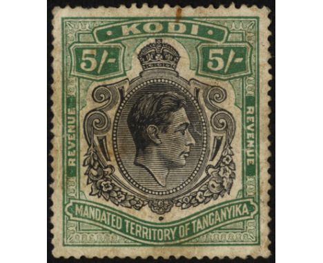 Tanganyika. Revenues; Kodi (Poll Tax). 1949 5/- black and green, used with indistinct cancel, a few short perfs and soiled bu