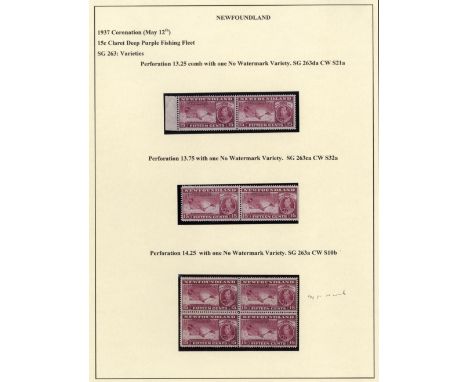 Newfoundland. 1937 Coronation 15ct small, valuable group with all three perfs in unmounted mint blocks of four; perf 13.7 and