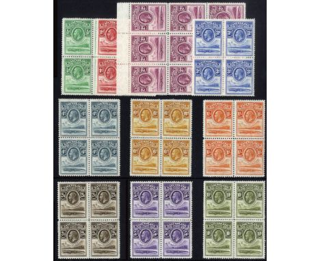 Basutoland. 1933 definitive set of ten in mint blocks of four, light central hingemarks. Good colours, the 2d being an unmoun