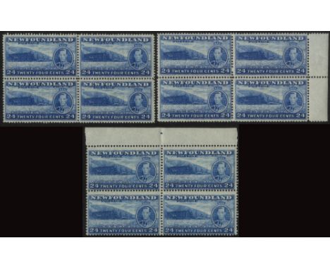 Newfoundland. 1937 Coronation 24ct unmounted mint blocks of four of each perforation, the comb perf block centred rather low.