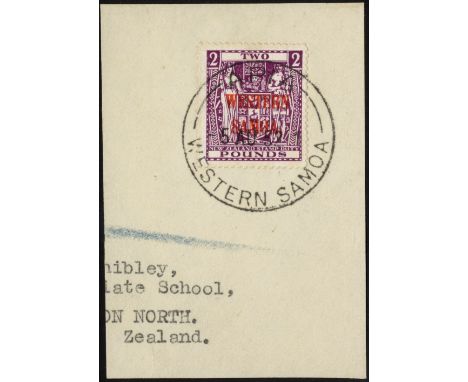 Samoa. 1947 £2 bright purple used on piece with full APIA CDS of 5 AU 52, an attractive item. SG 212 (£275)/CW 11