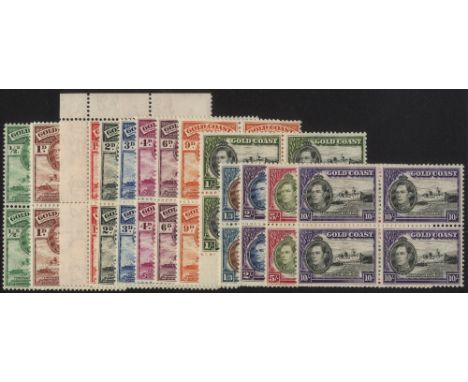 Gold Coast. 1939-41 set of thirteen in unmounted mint blocks of four, comb perfs, the 1/- an imprint block. SG 120a-32 (£140)
