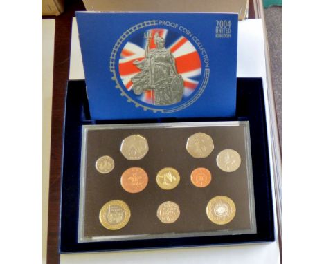 2004 Proof Set - Bimetallic Penydarren Engine £2, Bimetallic £2, Forth Rail Bridge, £1 Sub-Four Minute Mile 50p, Britannia 50