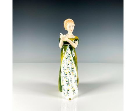 Beautiful neoclassical woman holding a bird in her hands, wearing a dress in lustre of green and cream. Royal Doulton backsta