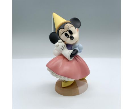 Minnie Mouse in her vintage rendition, as a princess adorned in a purple and blue blouse paired with a pink airy skirt, crown