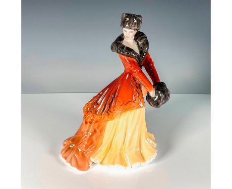 A black, brown, and cream colored figure of a woman in a dress with a hat that matches her collar. Royal Worcester backstamp.
