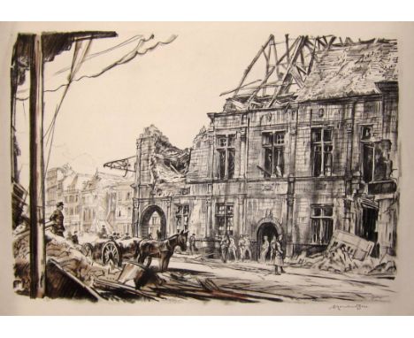 Sir MUIRHEAD BONE [1876-1953]. The Townhall of Peronne, c.1917. lithograph. Signed in pencil. 40 x 52 cm [sheet size - unfram