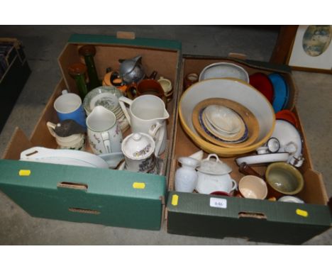 Two boxes of various sundry china to include mixing bowls, milk glass vase, enamel chambersticks etc.
