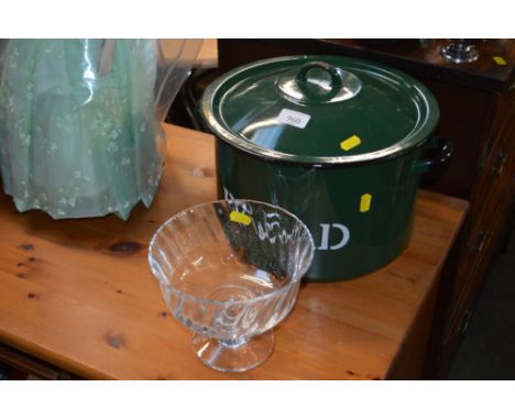 An enamel bread bin; together with a glass pedestal bowl