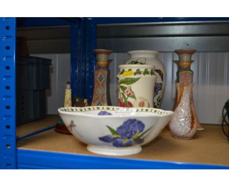 A quantity of decorative china to include floral decorated bowl, Portmeirion vases, a pair of Next candlesticks, Caithness sm