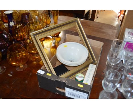 A box containing a gilt picture frame; glass light shades; small trinket box; leather wallet and a sign