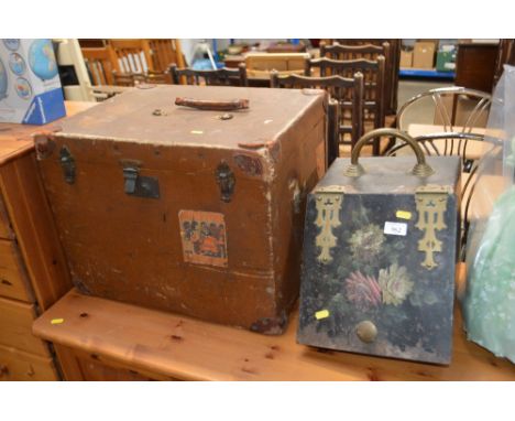 A floral decorated coal scuttle; together with a leather and canvas trunk AF