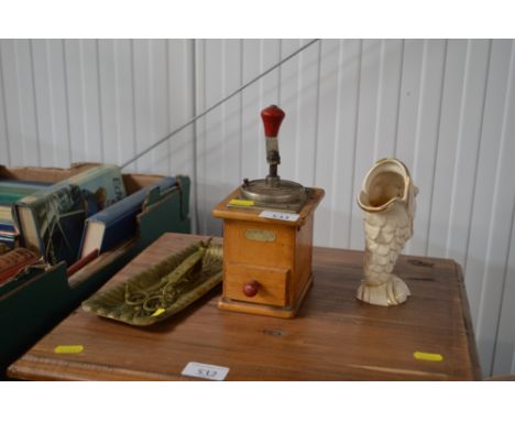 A coffee grinder together with Clarice Cliff vase etc.