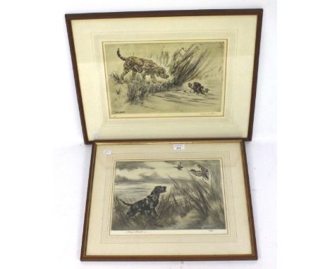 Henry Wilkinson, two signed limited edition hunting scene prints of dogs. One numbered 1/75, the other 48/150, both framed an