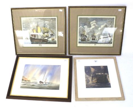 A contemporary maritime watercolour and three prints. The watercolour depicting a fishing boat in rough sea's, signed to bott