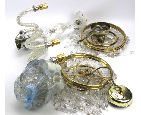 Two contemporary hanging ceiling lights and a glass chandelier. The latter measuring H33cm