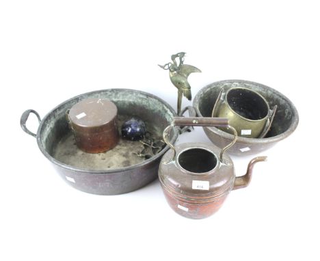 A collection of vintage brass and copper. Including kettle, large twin-handled basin, Japanese model of a crane on a turtle, 