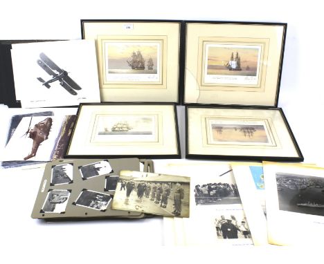 An assortment of military pictures and prints. Featuring boats, aircraft, battlefields etc, some framed and glazed