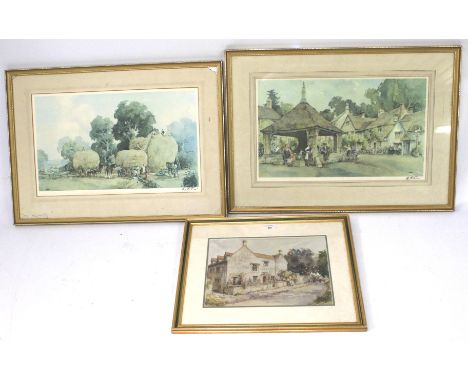 Four prints depicting traditional landscapes, marked Sturgeon. To include Hay Making, and three village scenes, all framed, l