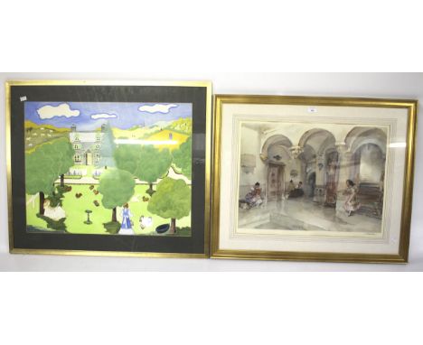 Carole Hokin, painting on paper, and a signed Russel Flint print. The first of girls in a country garden amidst fields, signe