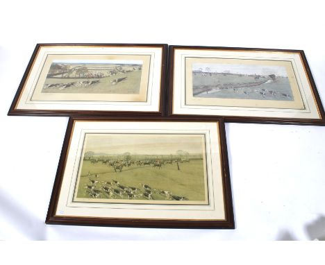 Three framed and signed Cecil Aldin prints of hunting scenes. Each signed in pencil lower left, one published by Denis Aldrid