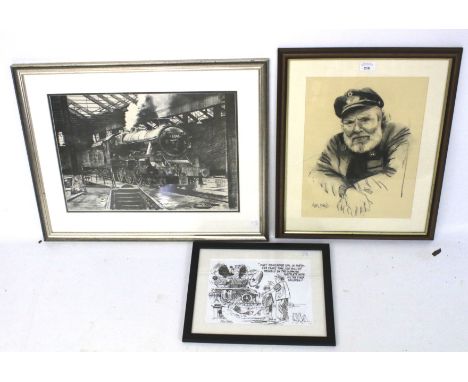 Alan Ward, three railway related pictures. To include a portrait of a train driver, a print of a steam locomotive and another