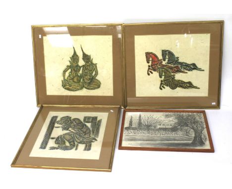 Four contemporary prints and drawing. Including one of a horse, 57cm x 50cm, all framed and glazed