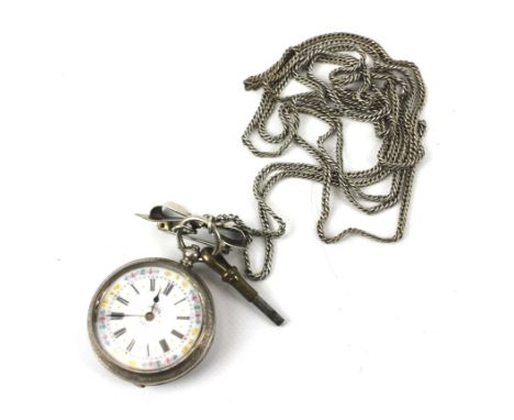 A continental white metal silver fob watch with chain. The watch marked 800, the chain unmarked, together with a ribbon brooc