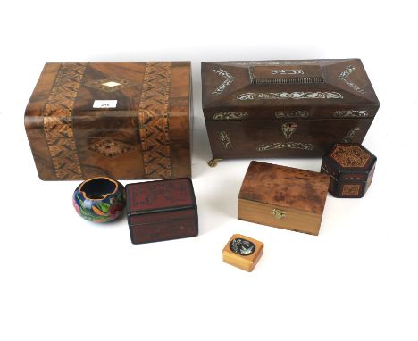 A collection of wooden boxes. To include a Rosewood tea caddy of sarcophagus form with mother of pearl inlay, L30cm