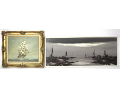 A K Hammond, oil on board, harbour scene, and an oil on canvas of a galleon. The Hammond painting, 113cm x 44cm, the oil on c