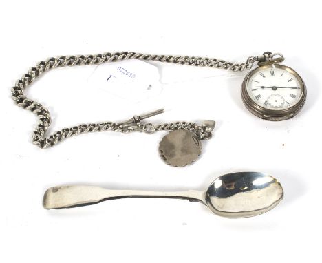 A Victorian silver pocket watch with Albert chain and a silver Georgian teaspoon. The pocket watch with a white dial with Rom