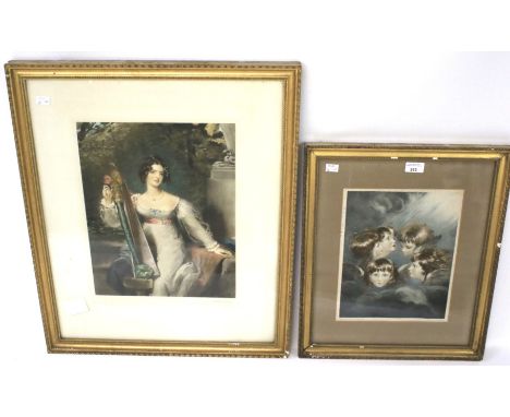 Two pictures: One signed Richard Smythe, lady playing a harp, and a print of Reynolds Angels. Both framed and glazed, 31.5cm 