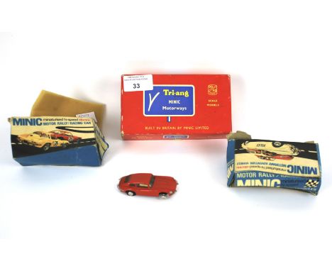 Three vintage Tri-ang Minic motorways vehicles. Comprising Jaguar 3.4 saloon M.1542, Chevrolet Corvette Stingray M.1577 and a
