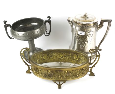 A large WMF silver plated tea pot, Pewter twin handled trophy and a gilt metal dish. The WMF tea pot with hammered grape and 