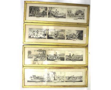 Four late 19th century prints of illustrations of the months of the year. Each featuring figures in landscape settings at var