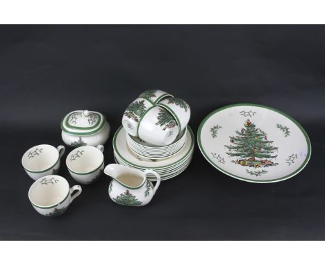A collection of Spode Christmas Tree pattern ceramics. To include a cake stand, tea cups, saucers, etc Condition Report: Majo