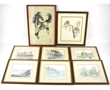 An assortment of prints and pictures. Including six limited edition Jonathan Martin signed watercolours, 15cm x 18.5cm, all f