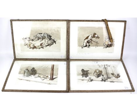 Four mid-century prints by Boris O'Klein. Each depicting a comical scene with dogs, all framed and glazed, 33cm x 19cm exclud