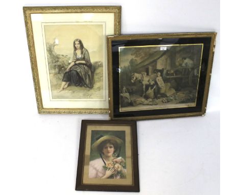 Three 19th/20th century prints. 'Preparing for Market', a seated, barefoot girl, and one of a girl in a bonnet. All framed an