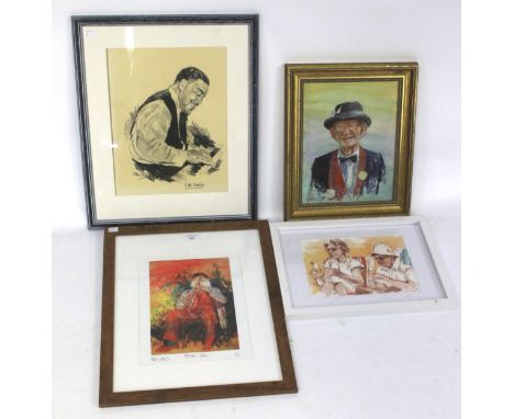 Four prints and pictures by Alan Ward. Including a painting of an elderly musician, signed and indistinctly dated, all framed
