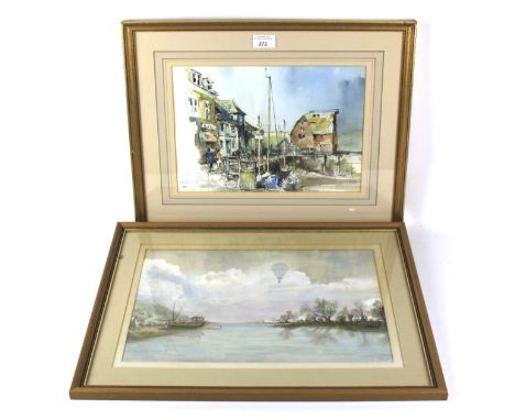 Two watercolour paintings. The first depicting a harbour scene, signed to bottom left Padstow 86, the other a hot air balloon
