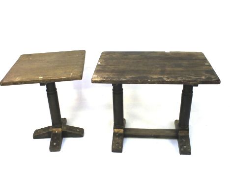 Three vintage wooden pub tables. Two being of rectangular form, the other square, largest L91cm x D61cm x H75cm