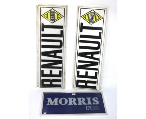 A blue 'Morris' sign, and two plastic profiled 'Renault' signs. The first with the name in white/pale blue, framed, the secon