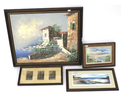 An assortment of pictures and prints. To include a small oil on canvas titled 'Sunset' by June Garren, dated 95, all framed, 