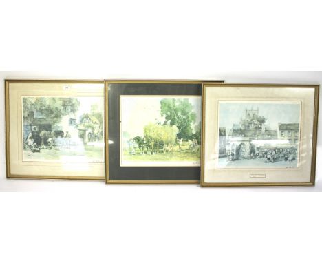 Three Sturgeon prints. Market Day, Hay Making, and a village scene, all framed and glazed, 44cm x 34cm