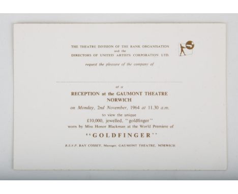 James Bond Goldfinger (1964) Ticket for the Reception at the Gaumont Theatre Norwich on Monday 2nd November 1964, 4 x 6 inche