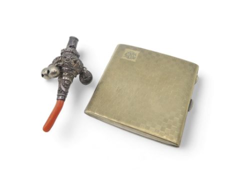 A George V silver cigarette case, maker's mark A.W, Chester 1924,&nbsp; with checkerboard engine-turned decoration, monogramm